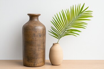 Aufkleber - A light wooden A4 frame mockup is leaning against the wall on a light wood table, with a white background. Next to it is a small vase with a beige-colored palm leaf. This is a side view, flat