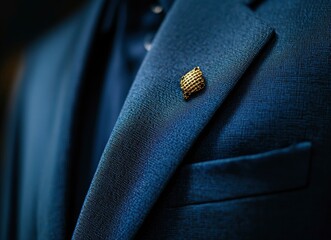 Canvas Print - Close-up of the lapel pin on an elegant blue suit jacket worn by a handsome man with a beard, macro photography, high-resolution camera, isolated on a black background,