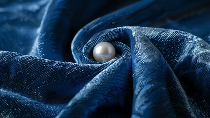 Wall Mural - a single white pearl on a blue textured fabric.