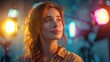© Analogue - Young woman with curly hair in thoughtful pose, illuminated by vibrant colorful studio lights, capturing a moment of inspiration