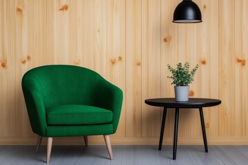 Poster - A modern living room with light oak wood cabinets, a green armchair, and a black coffee table. The wall is blank, suitable for a mockup. The lighting is soft, and the color palette is neutral.