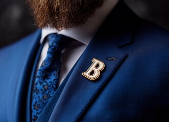 Canvas Print - Close-up of the lapel pin on an elegant blue suit jacket worn by a handsome man with a beard, macro photography, high-resolution camera, isolated on a black background,