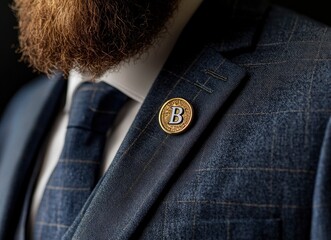 Canvas Print - Close-up of the lapel pin on an elegant blue suit jacket worn by a handsome man with a beard, macro photography, high-resolution camera, isolated on a black background,