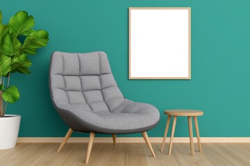 Poster - A photo of an empty frame mockup hanging on the wall in a Scandinavian living room with wooden furniture and teal walls, showcasing natural light from large windows. The chair is made of grey