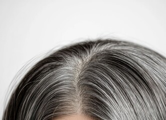 Wall Mural - Close-up of a woman's head with gray hair, focused on the forehead. The beautiful girl's dark brown hair is turning silver and gray due to age and stress. 