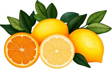 Wall Mural - A pile of citrus fruits, with oranges and lemons on the left side and grapefruits in between them, with green leaves on top, isolated on a white background, in a clipart style, vector illustration,