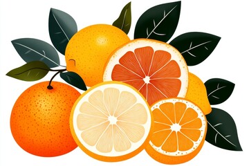 Wall Mural - A pile of citrus fruits, with oranges and lemons on the left side and grapefruits in between them, with green leaves on top, isolated on a white background, in a clipart style, vector illustration,