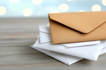 Canvas Print - A pile of white and brown envelopes on the table, close-up, professional photography, studio lighting, high-resolution photography, insanely detailed, fine details, isolated plain background,