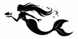 © Creative Sonda - Elegant Mermaid Silhouette with Flowing Hair and Fish - Black and White Minimalist Illustration.