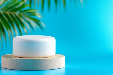 Aufkleber - A round cosmetics packaging with a blue background and soft lighting is placed on a small circular wooden podium on the table in front of it. The powder has a matte texture and light color,