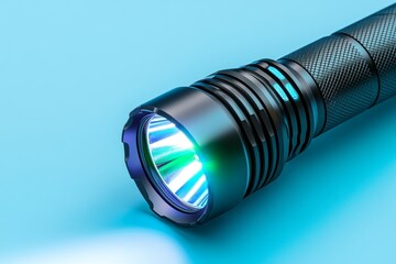 Poster - A small flashlight is lying on the table, illuminated by its beam of light. The flashlight has an elongated shape with a textured metal body and a black matte finish. It features multiple buttons