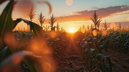 Wall Mural - sunset over a cornfield with vibrant skies and rows of crops in the summer