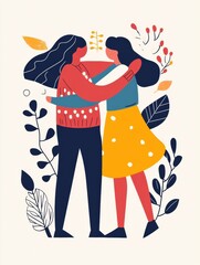 Poster - Two women happily embracing in a colorful artistic depiction surrounded by vibrant leaves and flowers. Generative AI