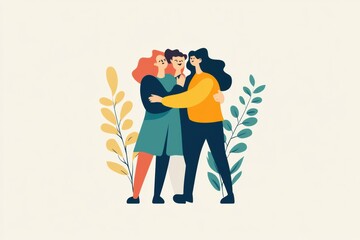 Poster - Three friends embrace happily surrounded by colorful foliage in a cheerful and warm atmosphere. Generative AI