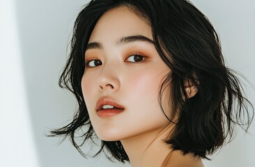 Canvas Print - Close-up of a beautiful Asian woman with clean, healthy skin on a white background. This beauty portrait showcases her perfect face and neck, embodying a minimalist aesthetic. 