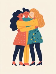 Poster - Three friends share a warm embrace in a colorful illustration depicting unity and support. Generative AI