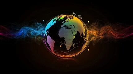 Wall Mural - a digital rendering of a globe with musical notes and colorful, swirling light on a black background