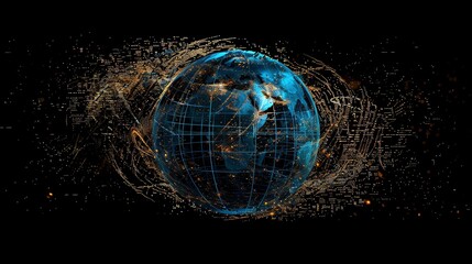 Wall Mural - a stylized globe with a blue, glowing, digital texture, with swirling lines of light in a black spac