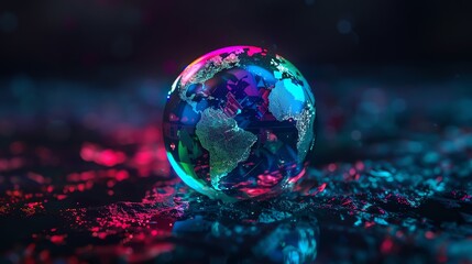 Wall Mural - a stylized digital globe with a rainbow color scheme, sitting on a dark, glittery surface.