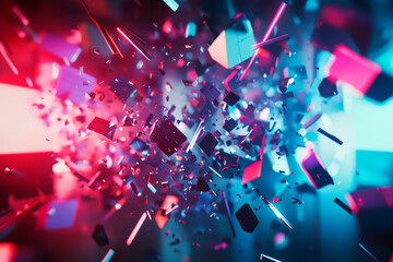 Wall Mural - a futuristic 3d abstract background featuring an explosion of floating geometric shapes, illuminated