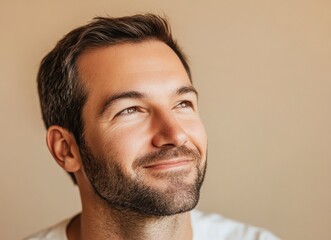 Wall Mural - Portrait of a handsome, smiling man looking away, with a light beige background and blurred face. This is the winning stock photo for a text contest, 