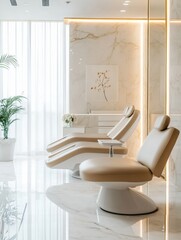 Poster - Luxury spa interior featuring modern reclining chairs and elegant decor in a serene environment with natural light. Generative AI
