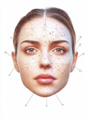 Poster - Medical illustration showing precise Botox injection points and detailed anatomy of a female face for aesthetic treatment. Generative AI