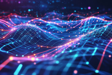 Wall Mural - A dynamic 3D abstract background displaying a pulsating matrix of interwoven neon circuits and translucent digital grids. The high-tech reflections, deep color gradients, and intricate geometric