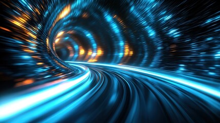Wall Mural - futuristic light tunnel with blue and orange accents, motion blur, abstract digital landscape, energ