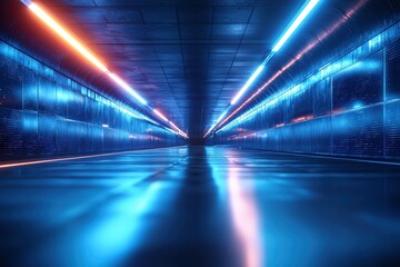 Wall Mural - futuristic neon tunnel with glossy floor and colorful lighting in dark environment
