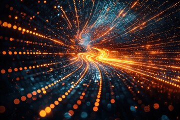 Wall Mural - abstract digital background with bright orange and blue light trails in motion, creating a futuristi