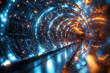 Wall Mural - abstract colorful digital tunnel with light trails, glowing circles, and futuristic patterns in a me