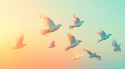 Aufkleber - Birds taking flight in a colorful sky during sunset over a tranquil landscape. Generative AI