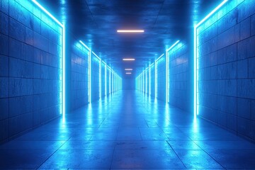 Wall Mural - futuristic tunnel with neon lighting and reflective floor in a modern design space for science ficti
