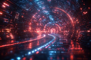Wall Mural - futuristic digital tunnel with glowing lights and reflections, representing technology and movement 