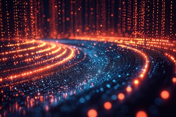 Wall Mural - illuminating abstract background with glowing dots and wavy lines in dynamic blue and orange colors