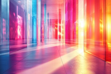Wall Mural - Vibrant Abstract Space with Colorful Transparent Panels and Dreamy Light Reflections in Modern Interior Architecture
