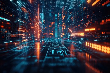 Wall Mural - futuristic digital space with glowing data stream and neon lights in 3d perspective visualization