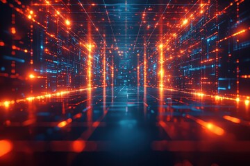 Wall Mural - Futuristic Data Space with Glowing Lines and Digital Patterns in Blue and Orange Hues for Technology Concepts