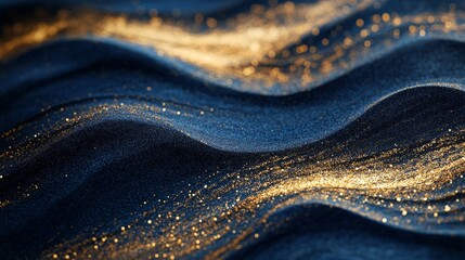 Wall Mural - Dark blue waves with golden sparkling glitter particles flowing
