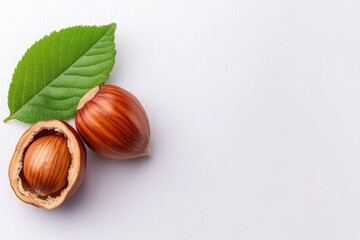 Wall Mural - Hazelnut with shell and leaf isolated on a white background, detailed photograph