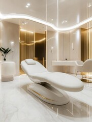 Poster - Modern spa interior featuring a white lounge chair and elegant lighting in a tranquil setting. Generative AI