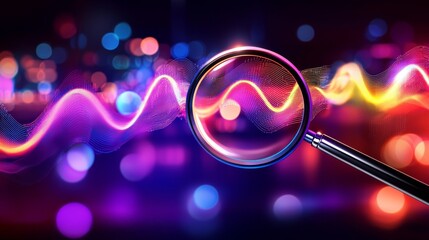 A magnifying glass situated above lines of text, surrounded by digital data and holographic elements, embodying a theme of data analysis or investigation