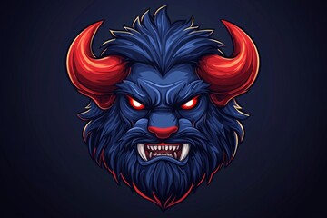 Poster - Logo featuring a lion's head in red and black colors on a dark background, in a vector style. The design is 2D with simple line art and a 3D effect. The lion has glowing red eyes, sharp fangs,