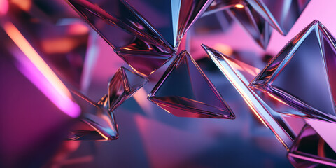 Wall Mural - a hypnotic 3d abstract background showcasing floating metallic triangles, emitting soft neon light. 