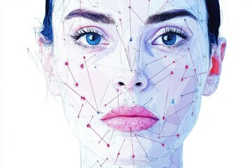 Fototapete - Illustration showcases a female face with marked Botox injection points, highlighting facial anatomy for effective cosmetic treatments