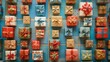 © Galib - A grid of colorful wrapped gifts, showcasing a festive pattern on a blue background.