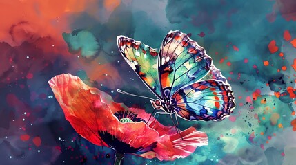 Wall Mural - a colorful, abstract painting of a butterfly on a red poppy flower.