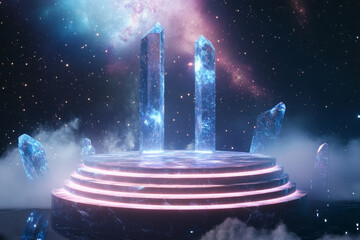 Wall Mural - a celestial 3d background with a podium made of glowing crystalline material, floating among the sta