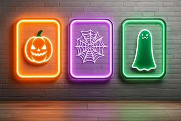 Poster - Vector set of neon frames for a Halloween party decoration on a transparent background. Neon signs with pumpkin, spider web, and ghost symbols isolated as mockups. Orange, green, and purple